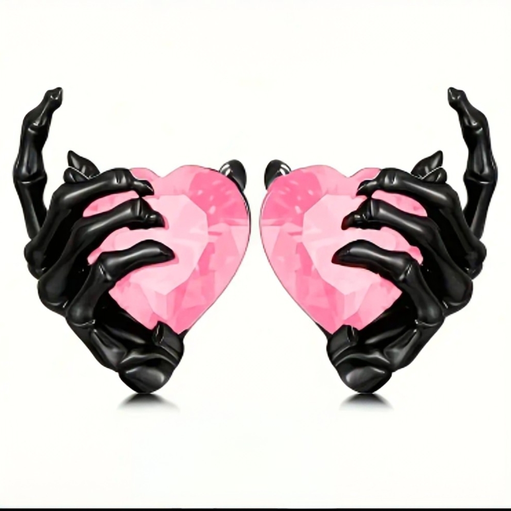 NEW Stud Earrings Hand Over Pink Heart Gothic / Horror / Halloween